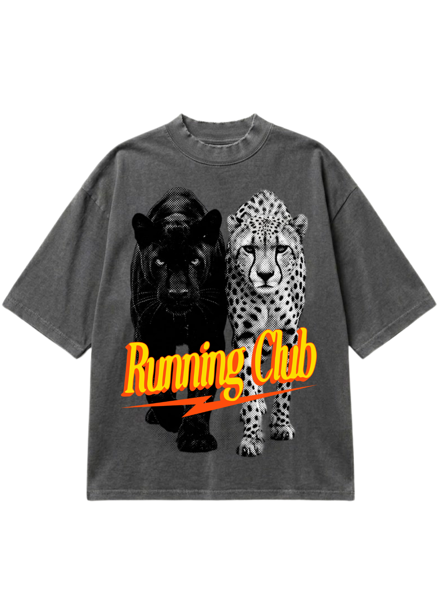 A dark gray mineral-wash t-shirt featuring a graphic print of a black panther and a cheetah, with the text 'Running Club' in yellow and orange across the front