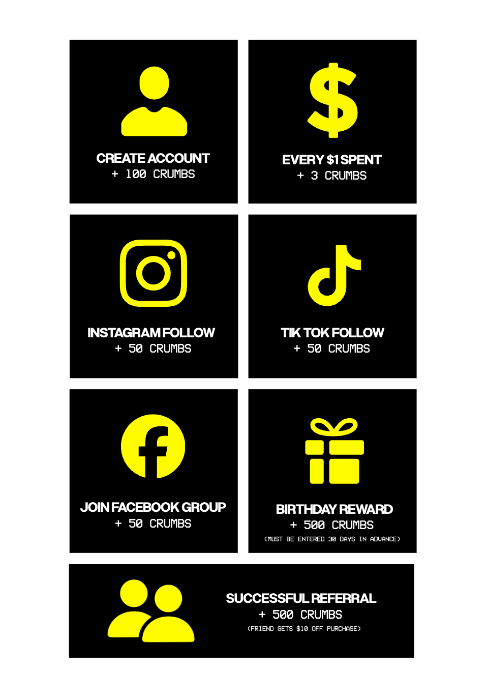 Burnt Toast Rewards earning guide showing seven ways to earn crumbs: create account (+100), every $1 spent (+3), Instagram follow (+50), TikTok follow (+50), join Facebook group (+50), birthday reward (+500), and successful referral (+500).
