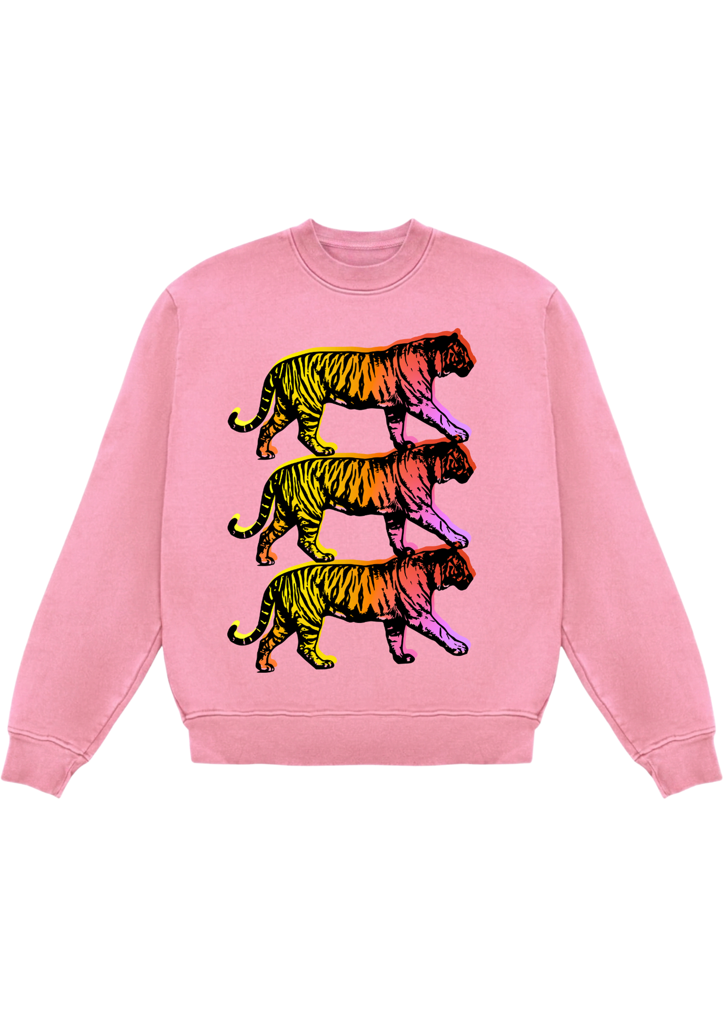 A pink crewneck sweatshirt featuring a graphic of three stacked walking tigers filled with a vibrant rainbow gradient, set against a plain white background