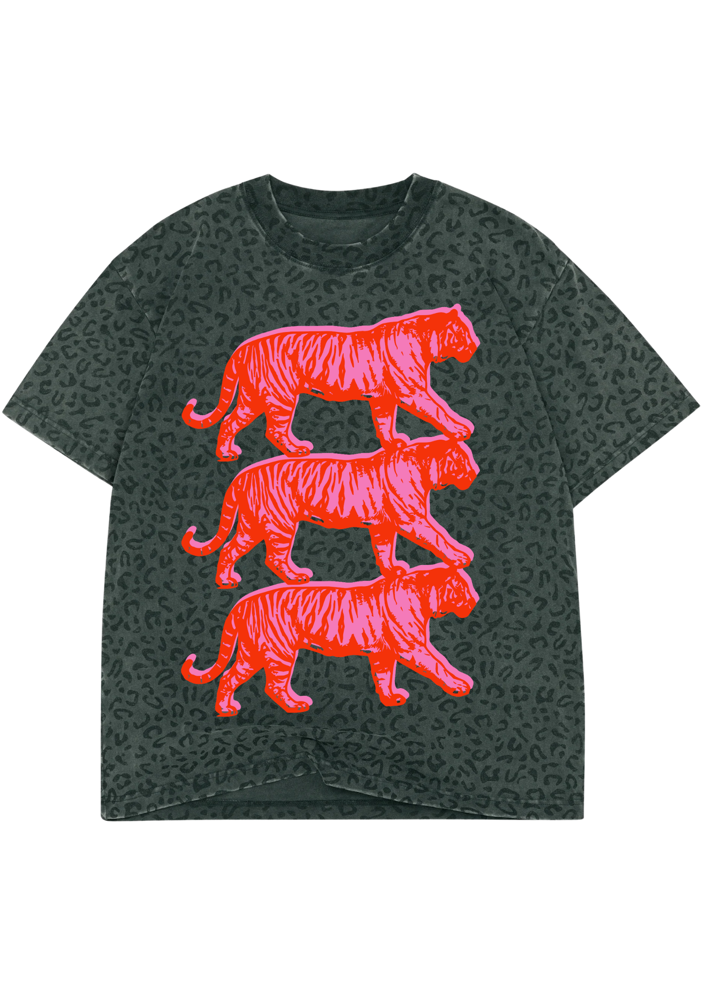 A dark grey short-sleeve t-shirt with an allover tonal leopard print, featuring a large graphic of three stacked, bright neon pink stylized tigers on the front