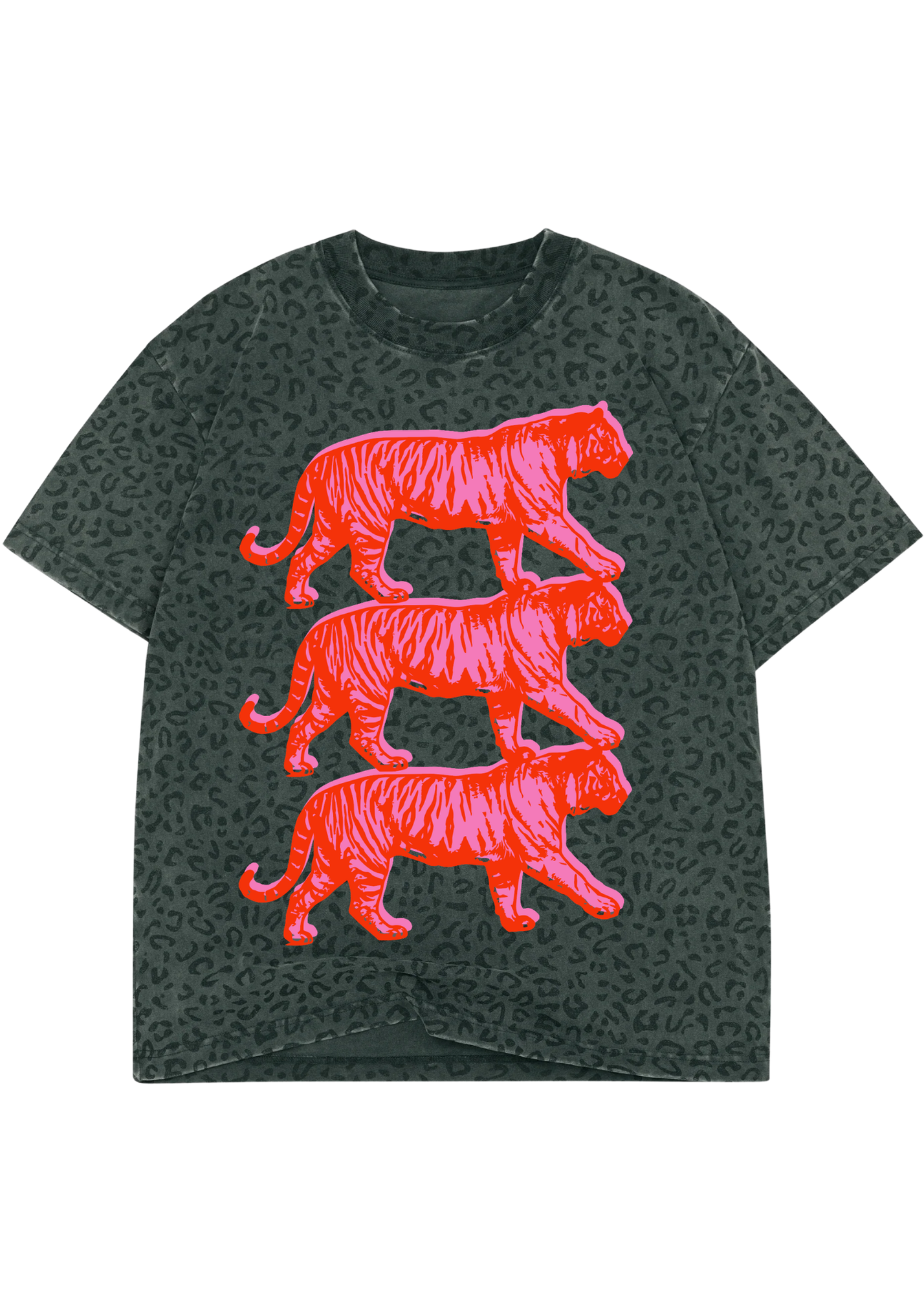 A dark grey short-sleeve t-shirt with an allover tonal leopard print, featuring a large graphic of three stacked, bright neon pink stylized tigers on the front