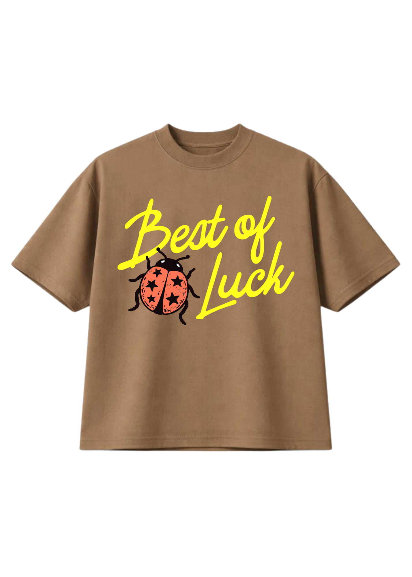 Brown short sleeve graphic shirt with yellow text 'Best of Luck' and a ladybug graphic on a white background, flat lay frontal view