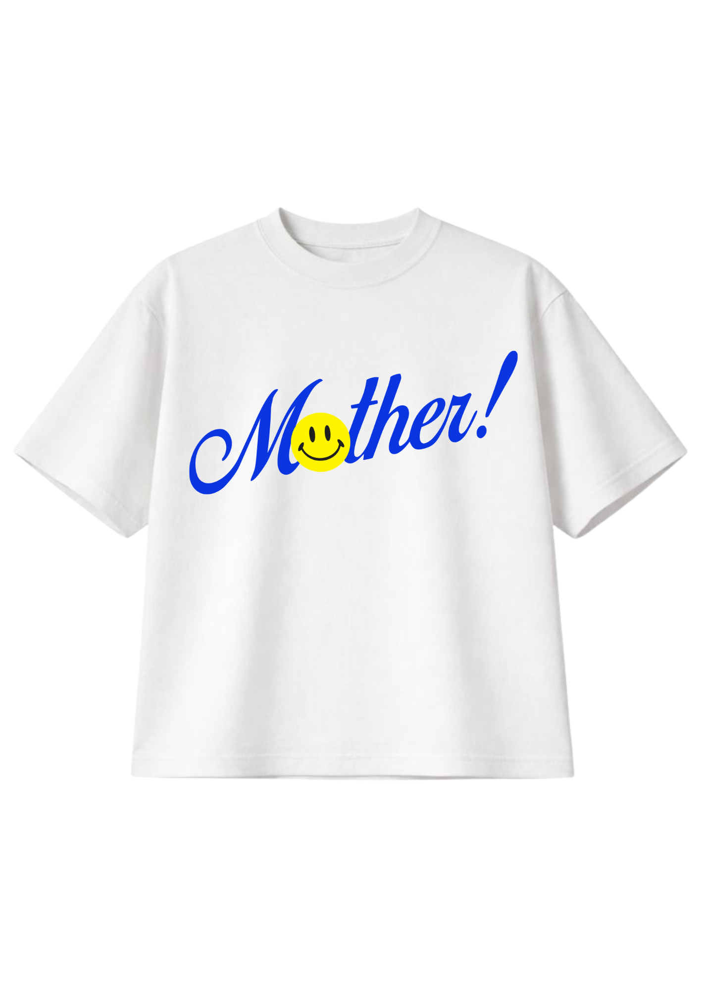 White short sleeved shirt with 'Mother!' blue cursive text and yellow smiley face on a white background, flat lay frontal view