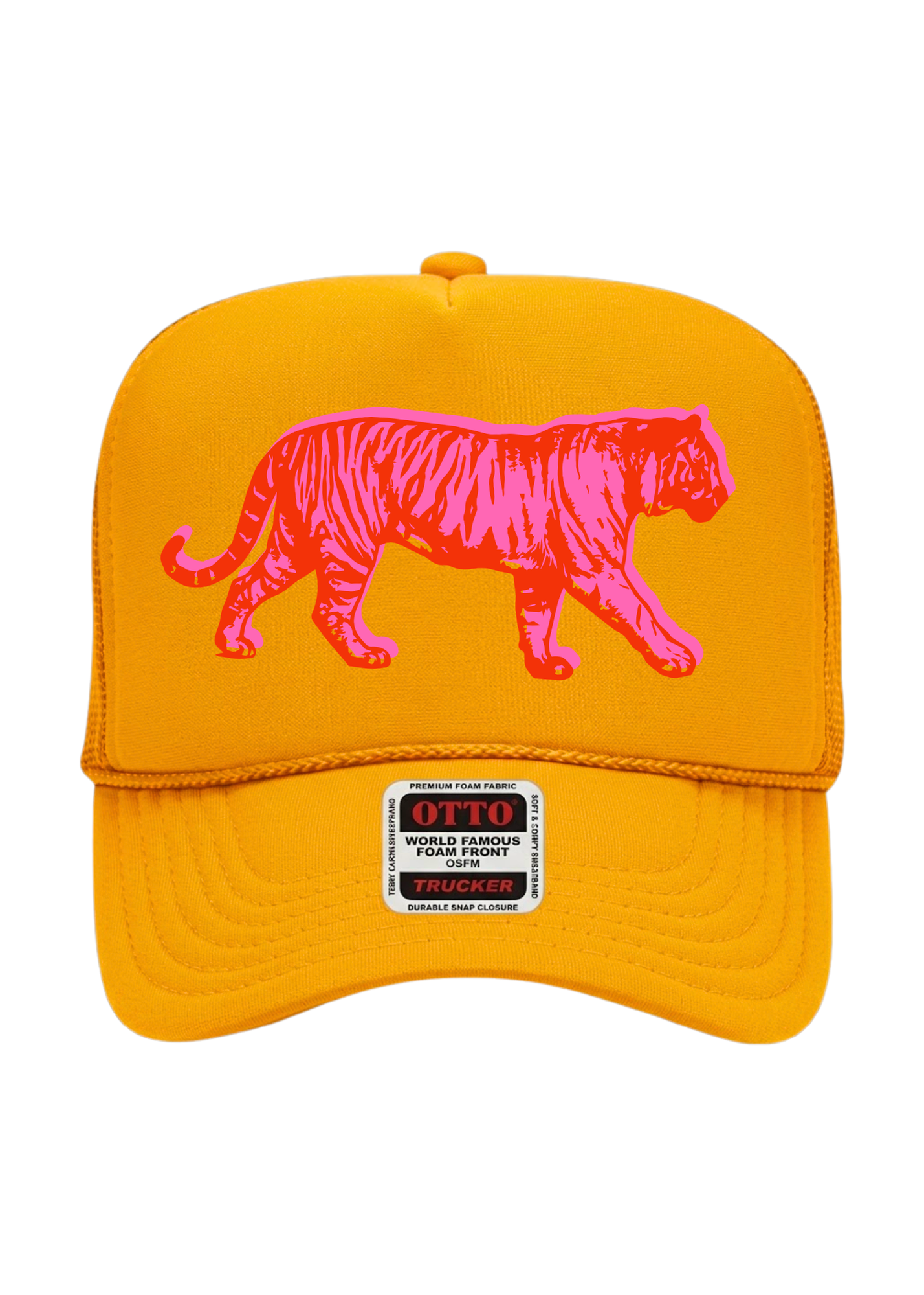 A bright yellow trucker-style cap featuring a large hot pink embroidered tiger graphic on the front panel and a visible 'OTTO' brand patch on the brim, set against a plain white background.