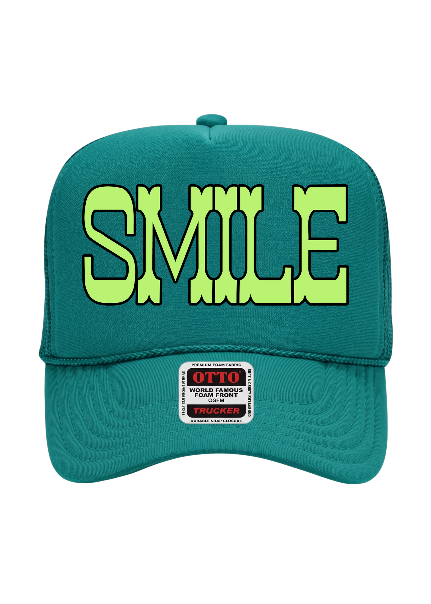 A teal trucker-style cap with the word 'SMILE' printed across the front in large neon yellow-green block letters. A small 'OTTO' patch is visible on the brim.