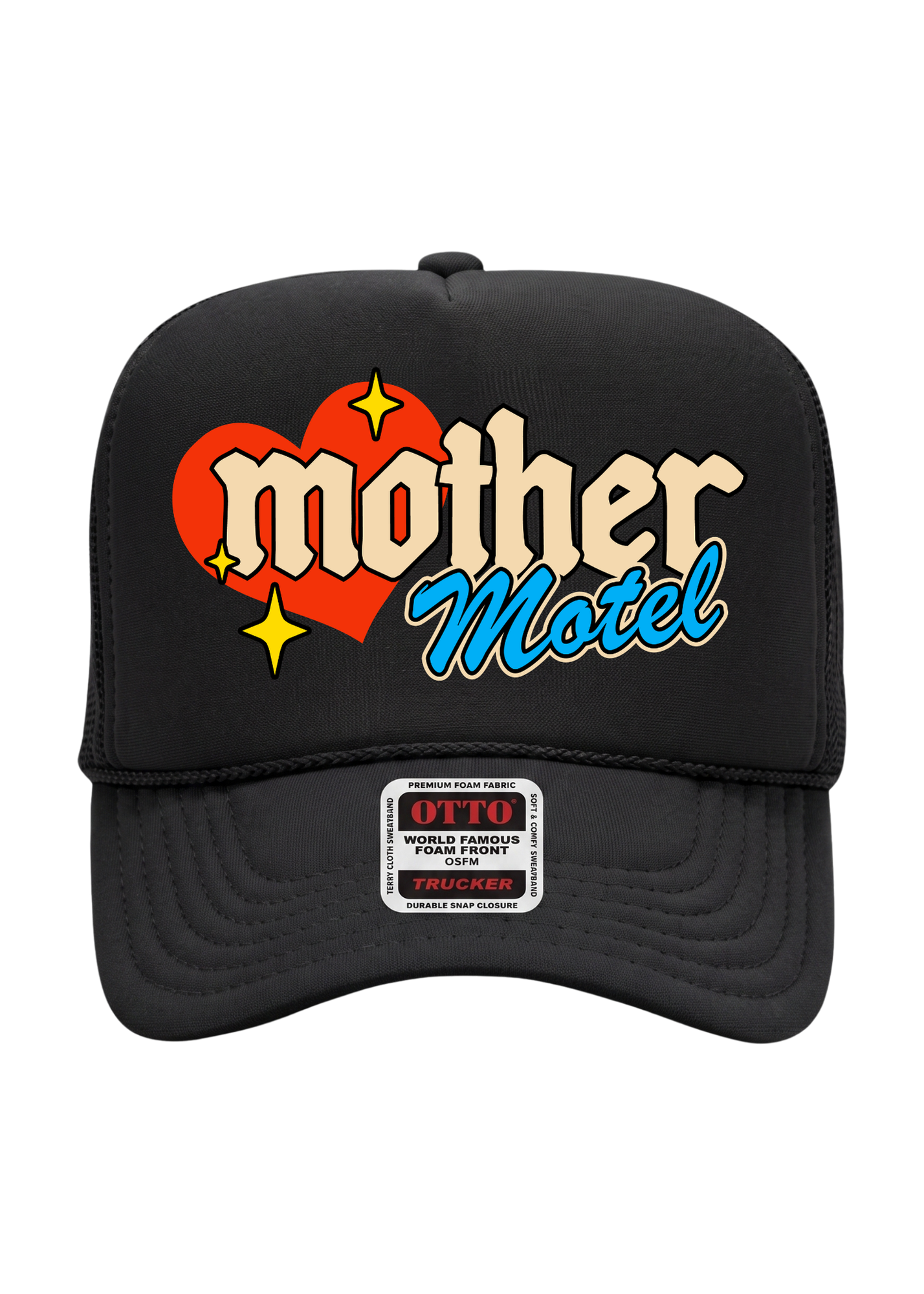 A black trucker-style baseball cap featuring a retro graphic on the front with a red heart, yellow stars, and the words 'mother Motel' in beige and blue lettering. A visible patch on the brim reads 'OTTO World Famous Trucker Hats.