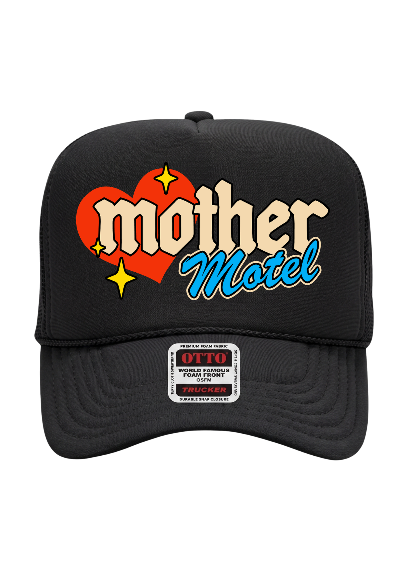 A black trucker-style baseball cap featuring a retro graphic on the front with a red heart, yellow stars, and the words 'mother Motel' in beige and blue lettering. A visible patch on the brim reads 'OTTO World Famous Trucker Hats.