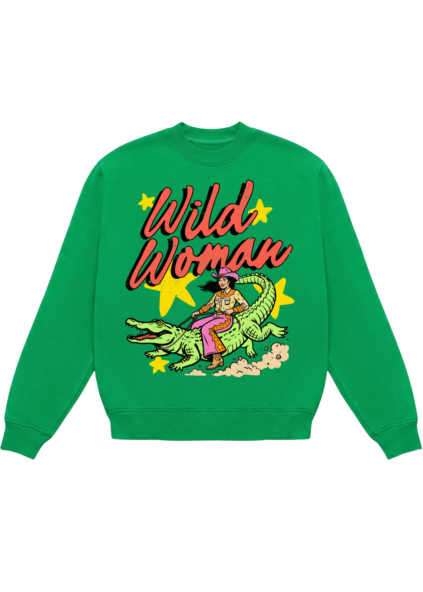 A bright green crewneck sweatshirt featuring a colorful retro graphic of a woman riding an alligator with the text 'Wild Woman' in red script and yellow stars