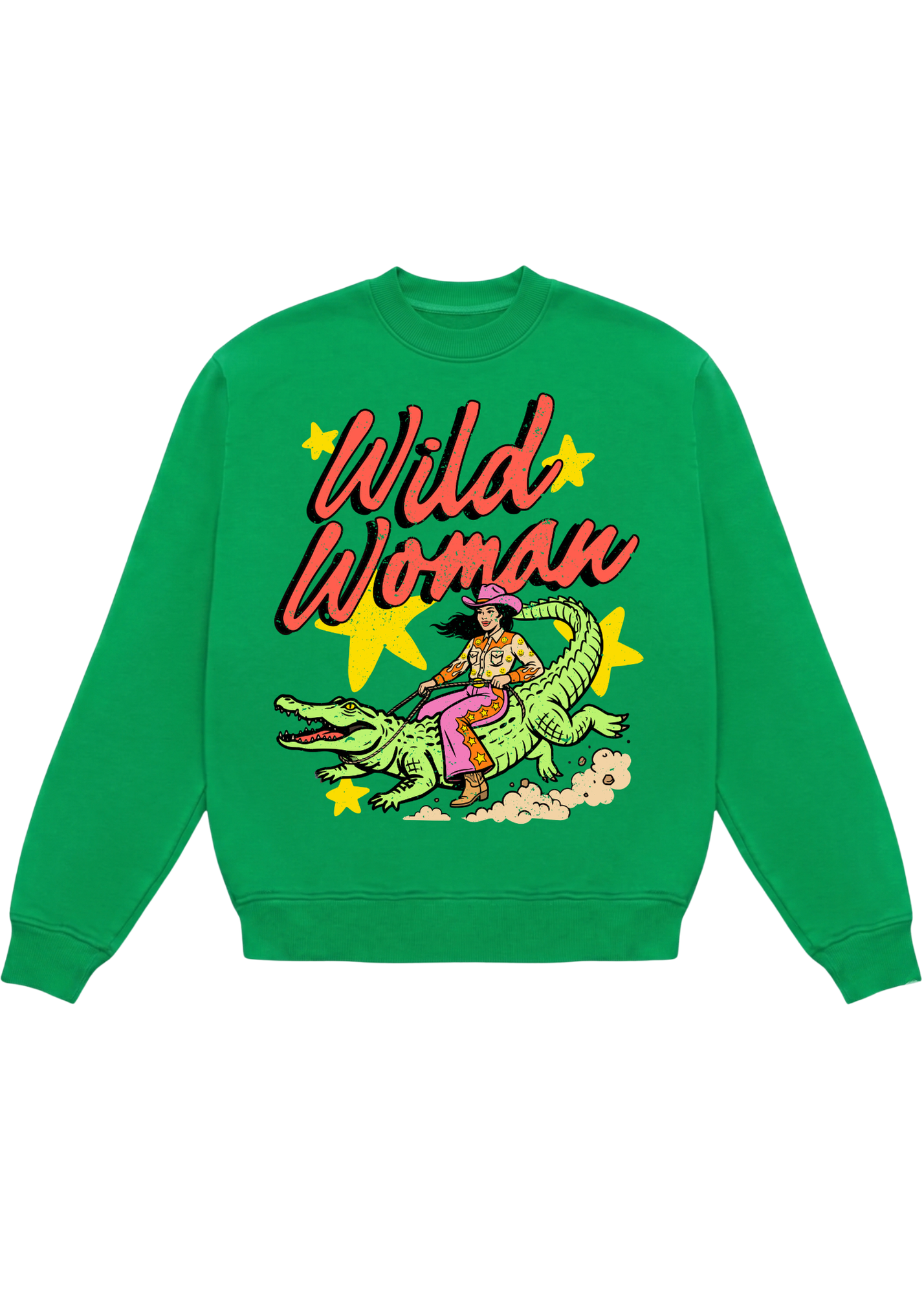 A bright green crewneck sweatshirt featuring a colorful retro graphic of a woman riding an alligator with the text 'Wild Woman' in red script and yellow stars