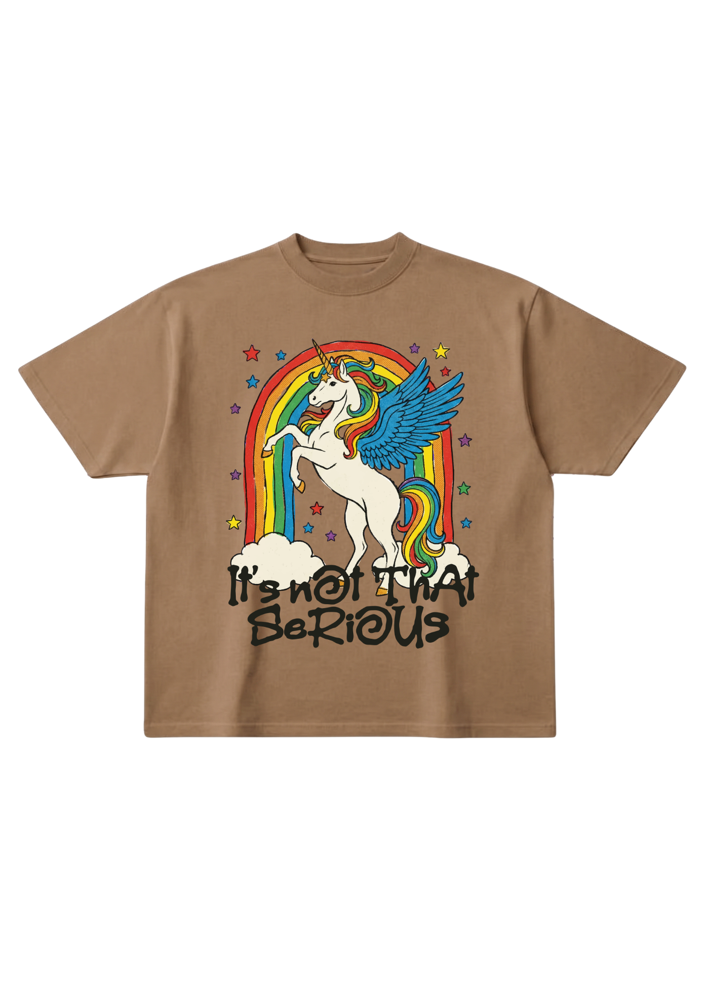 Brown short sleeve graphic shirt with a unicorn and rainbow design on a white background, flay lat frontal design