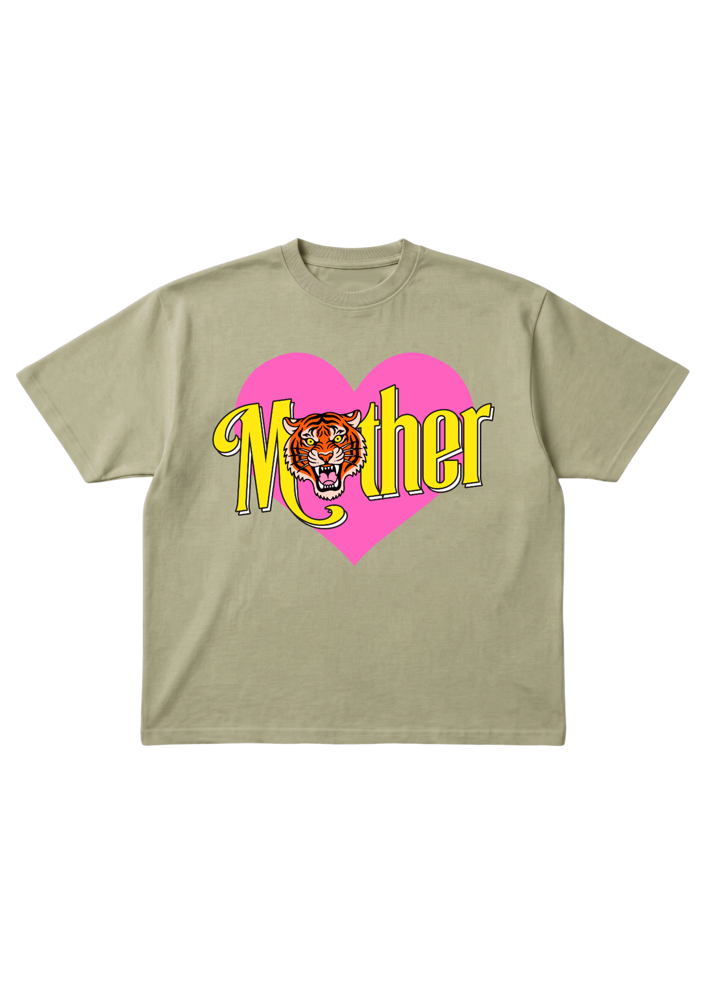 Beige short sleeve shirt with 'Mother' and tiger graphic on a pink heart, flat lay frontal view