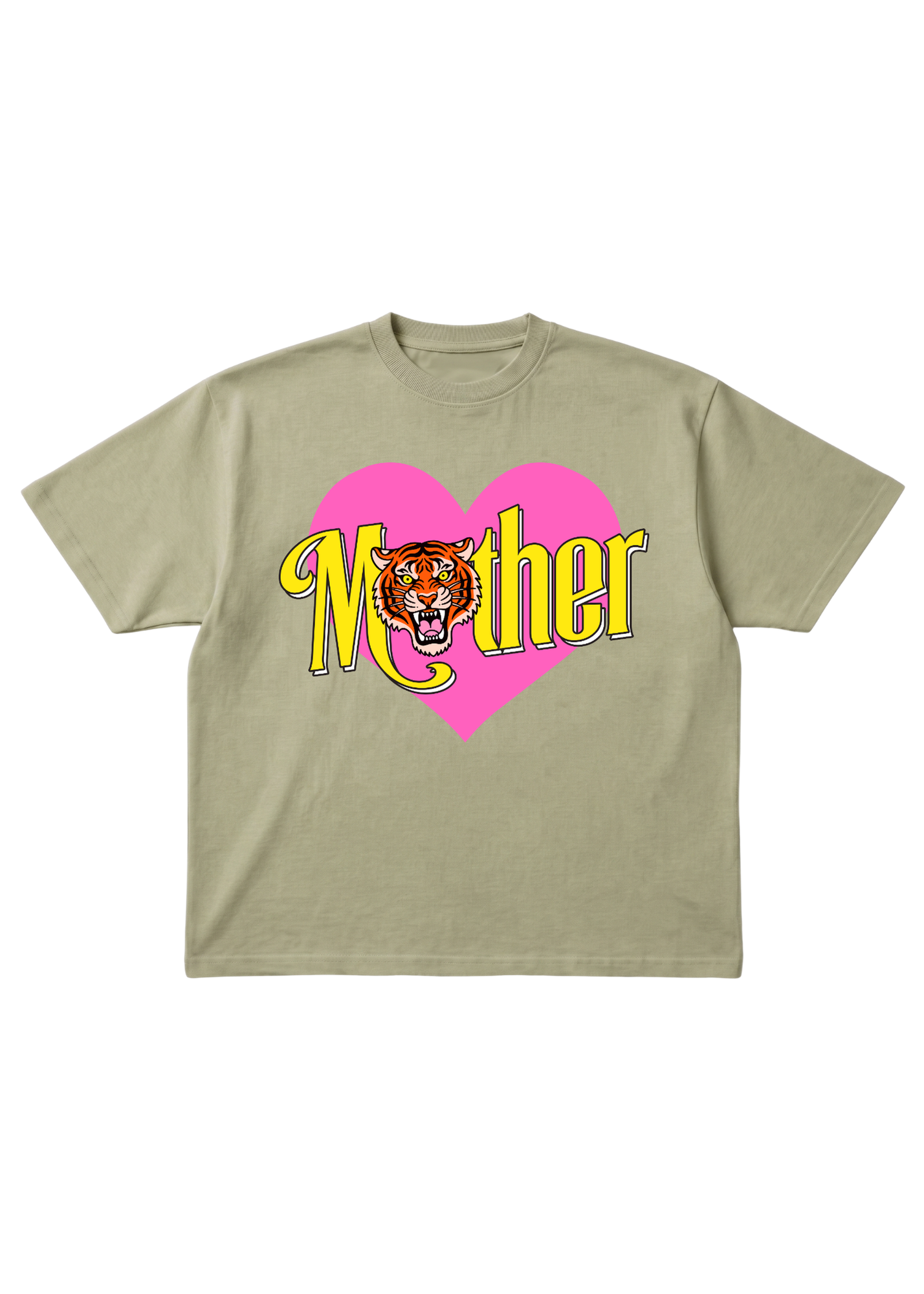 Beige short sleeve shirt with 'Mother' and tiger graphic on a pink heart, flat lay frontal view