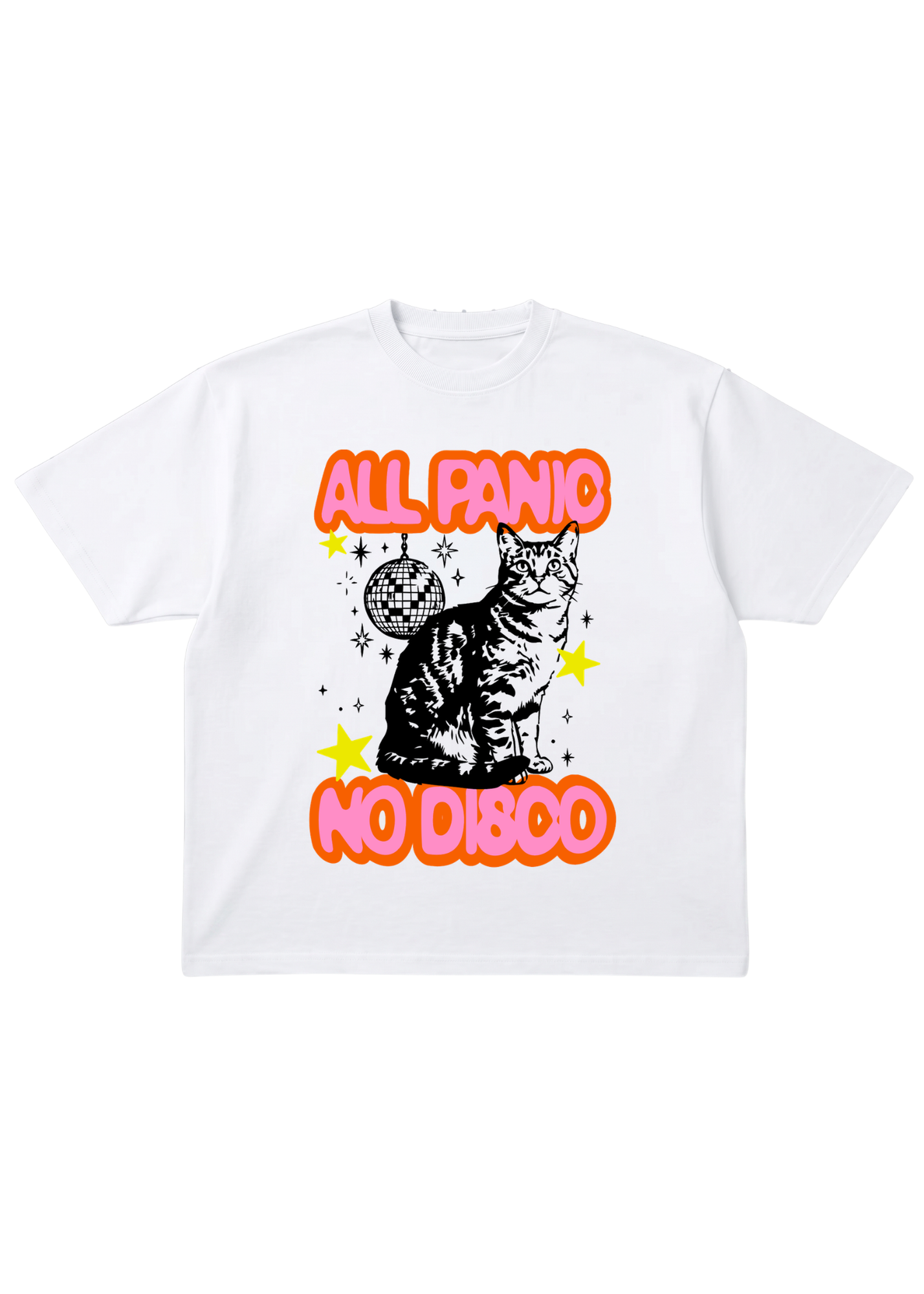 White short sleeve shirt with a cat graphic and text 'All Panic No Disco' on a white background, flat lay frontal view
