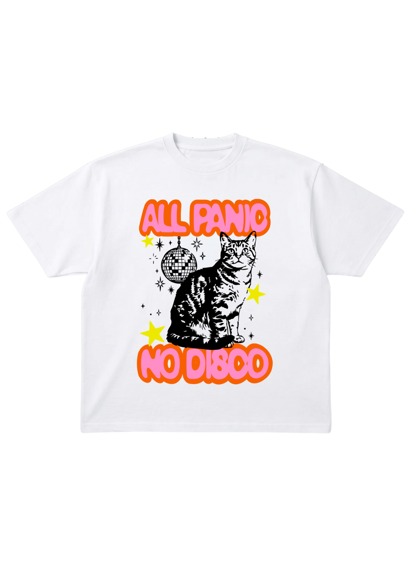 White short sleeve shirt with a cat graphic and text 'All Panic No Disco' on a white background, flat lay frontal view