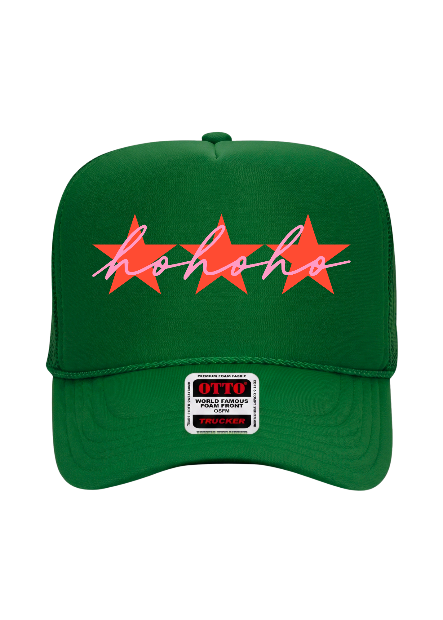 A green trucker hat with three red stars and cursive text in pink that reads 'ho ho ho' on a white background