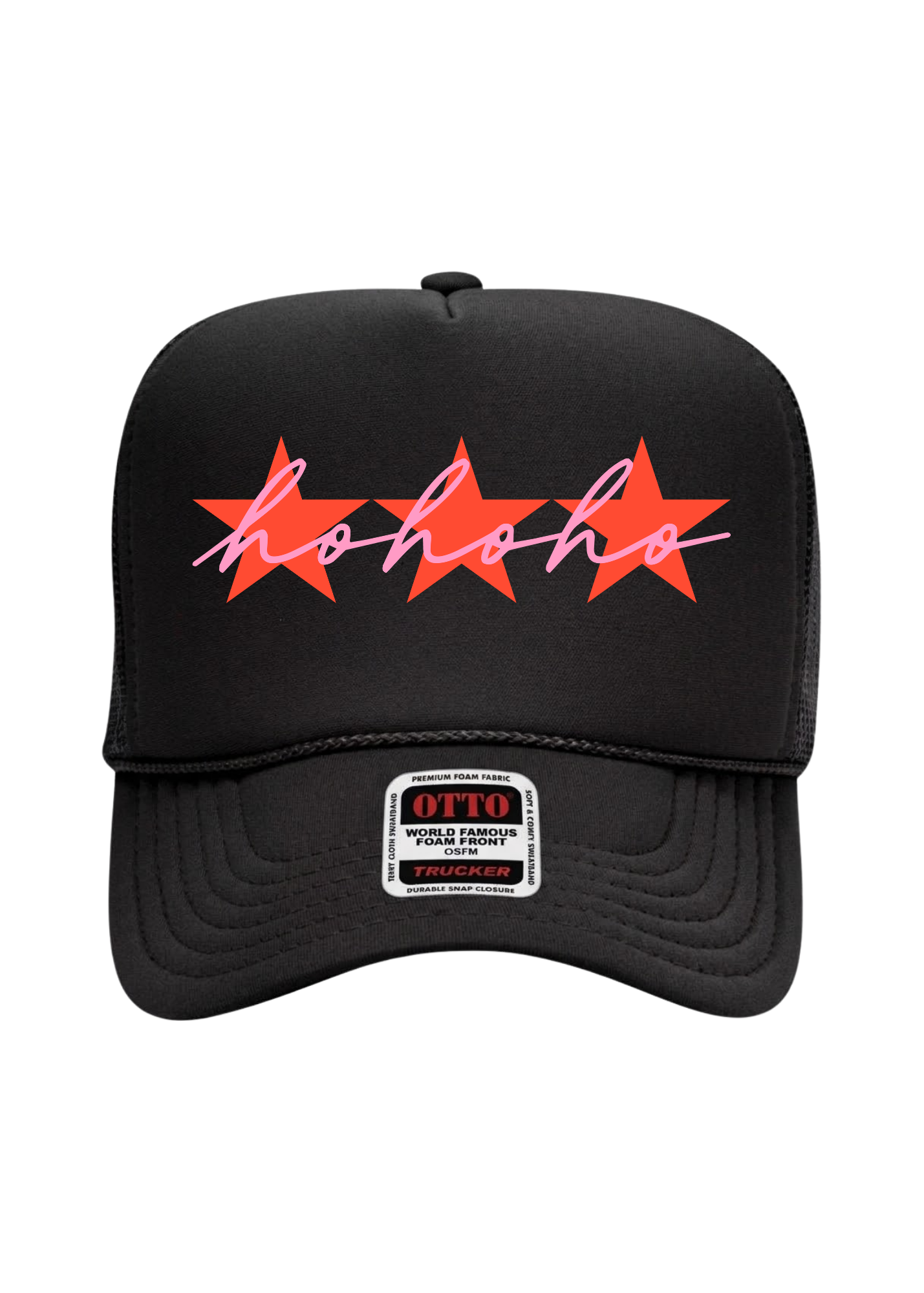 A black trucker hat with three red stars and cursive pink text that reads 'ho ho ho' on a white background