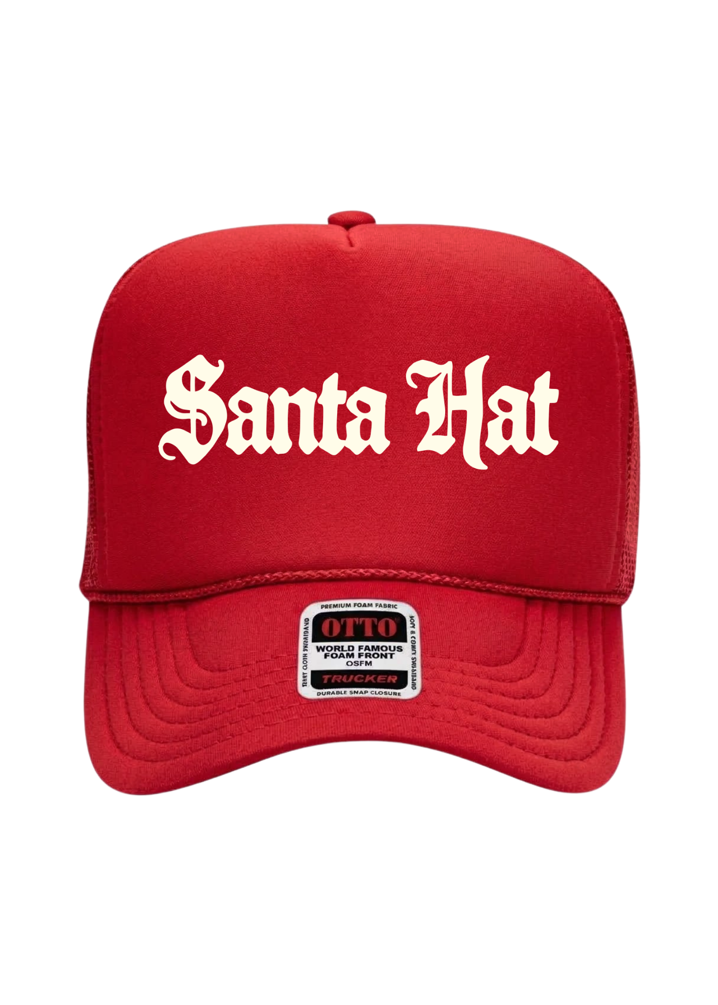 Red trucker hat with white text that reads 'Santa Hat' on a white background