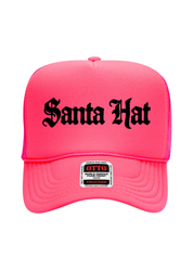 Neon pink trucker hat with black text that reads 'Santa Hat' on a white background