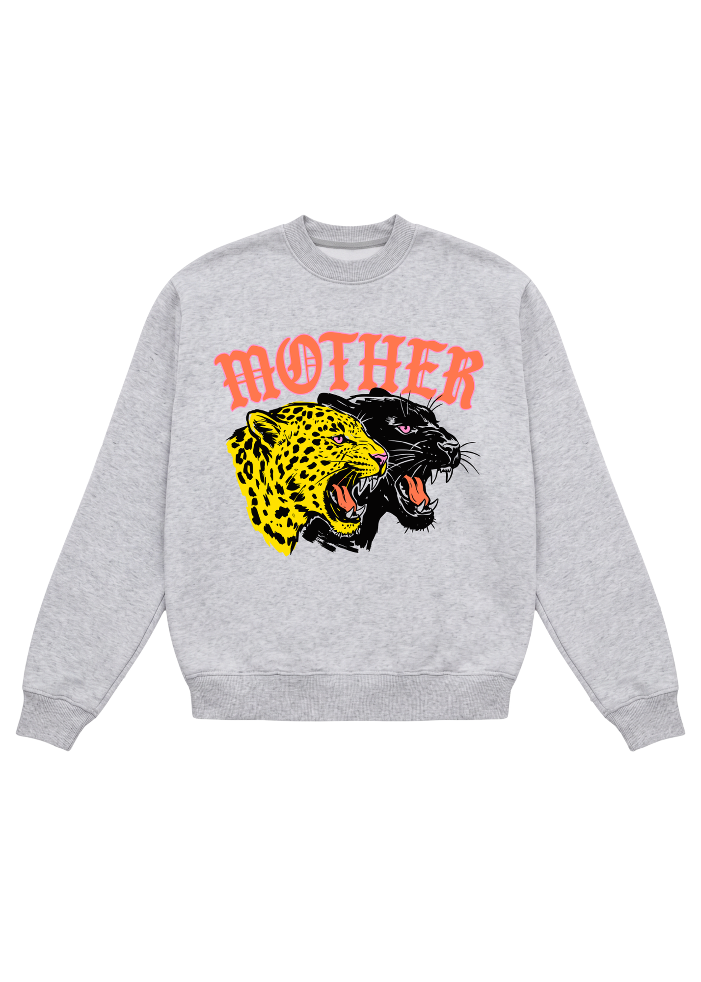 Grey crewneck with MOTHER in pink and a graphic of a cheetah and a leopard on a white background
