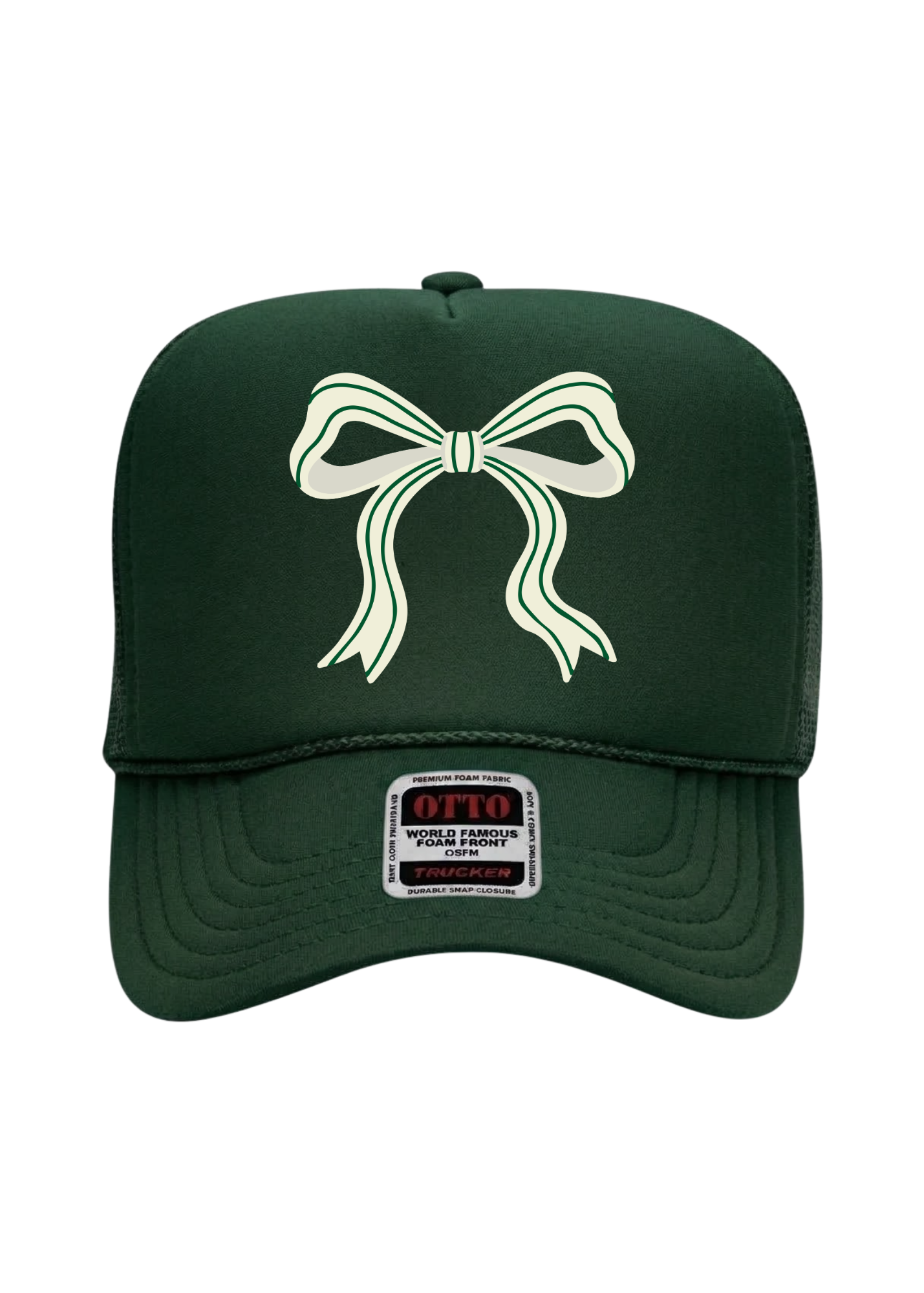 Dark green trucker hat with a cream bow on a white background