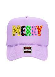 Lavender trucker hat with the text 'MERRY' in different patterns on a white background