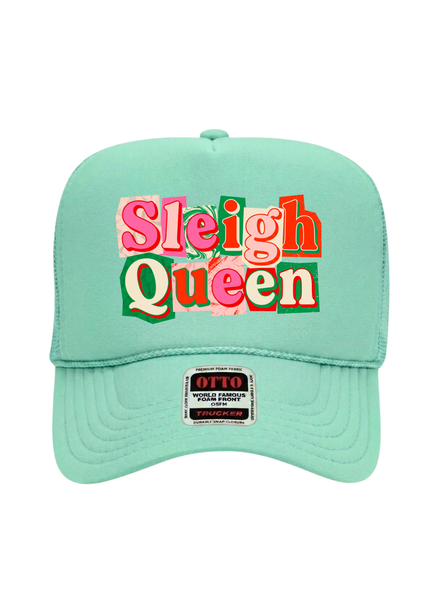 A seafoam green trucker hat with cutout letters that say 'Sleigh Queen' on a white background
