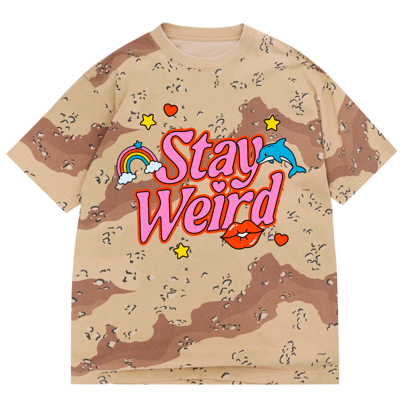 Camouflage t-shirt with 'Stay Weird' text in pink and red and graphics on a white background, flay lay frontal view
