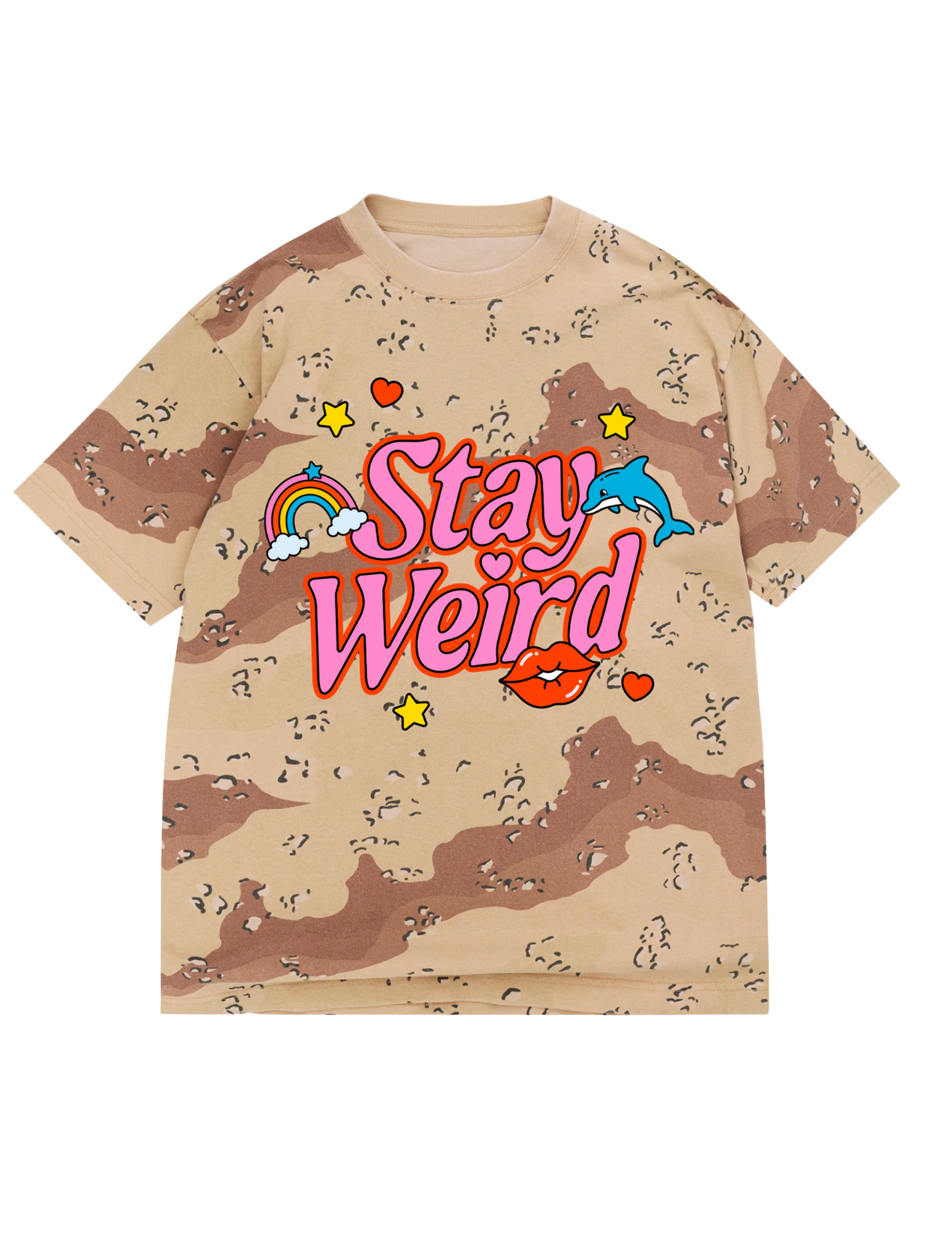 Camouflage t-shirt with 'Stay Weird' text in pink and red and graphics on a white background, flay lay frontal view
