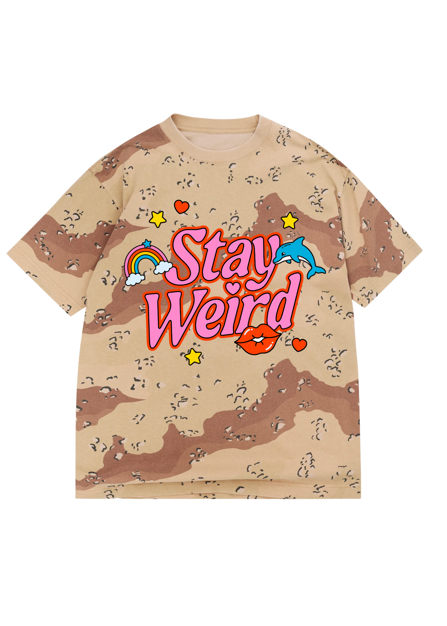Camouflage t-shirt with 'Stay Weird' text in pink and red and graphics on a white background, flay lay frontal view