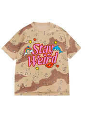 Camouflage t-shirt with 'Stay Weird' text in pink and red and graphics on a white background, flay lay frontal view