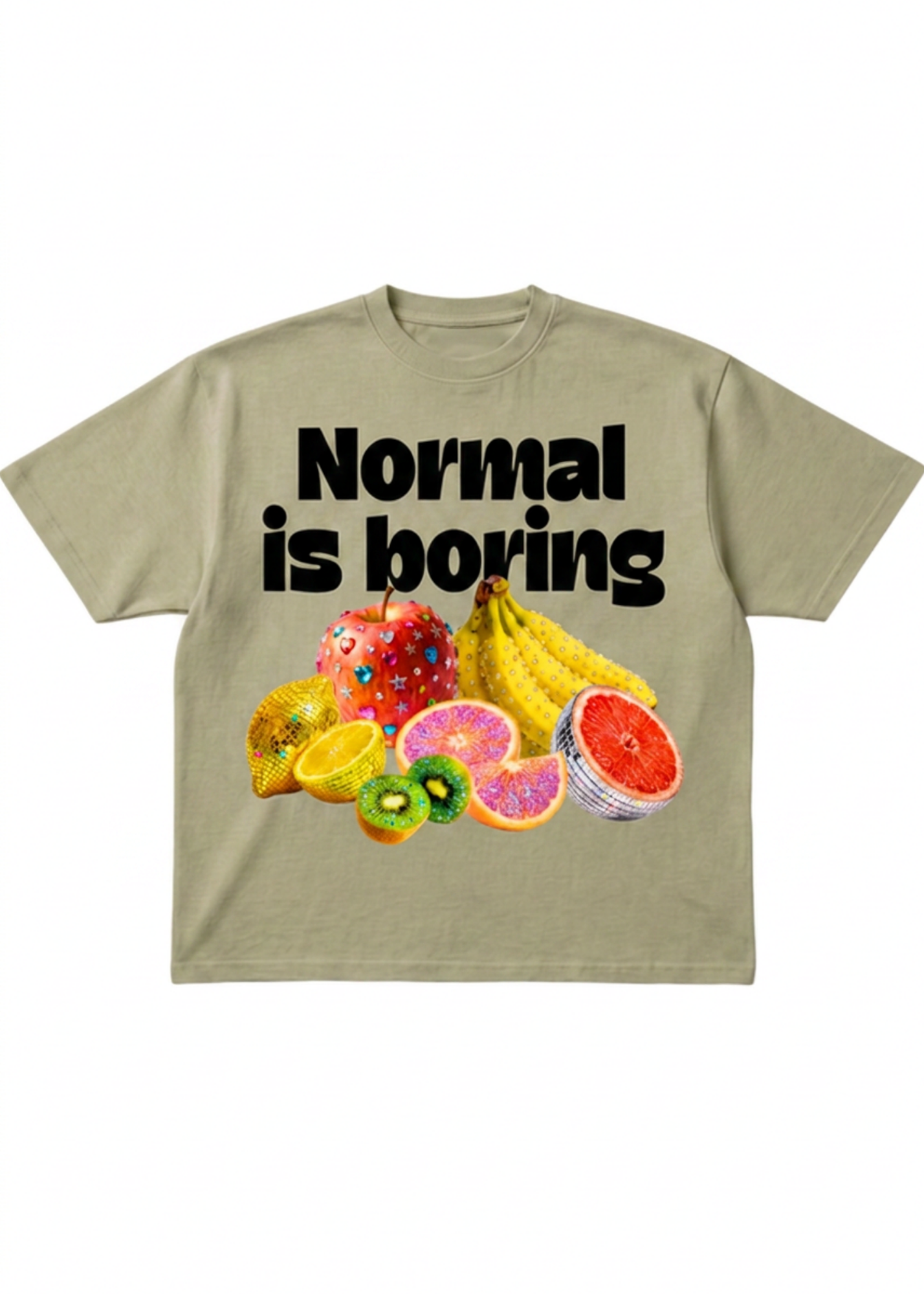 A light khaki t-shirt with a graphic print that reads 'Normal is boring' in bold black text above a colorful assortment of fruits including bananas, kiwi, grapefruit, and melon, flat lay frontal view