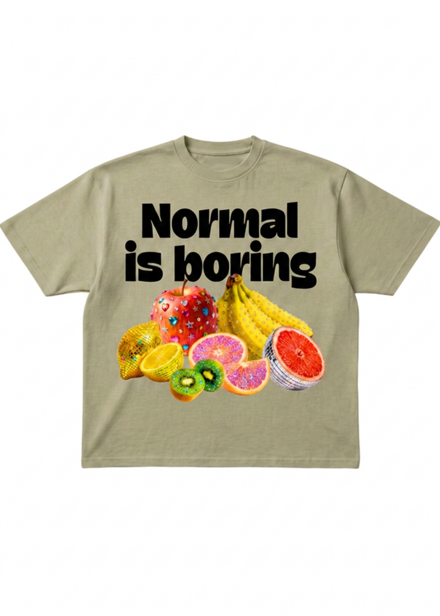 A light khaki t-shirt with a graphic print that reads 'Normal is boring' in bold black text above a colorful assortment of fruits including bananas, kiwi, grapefruit, and melon, flat lay frontal view