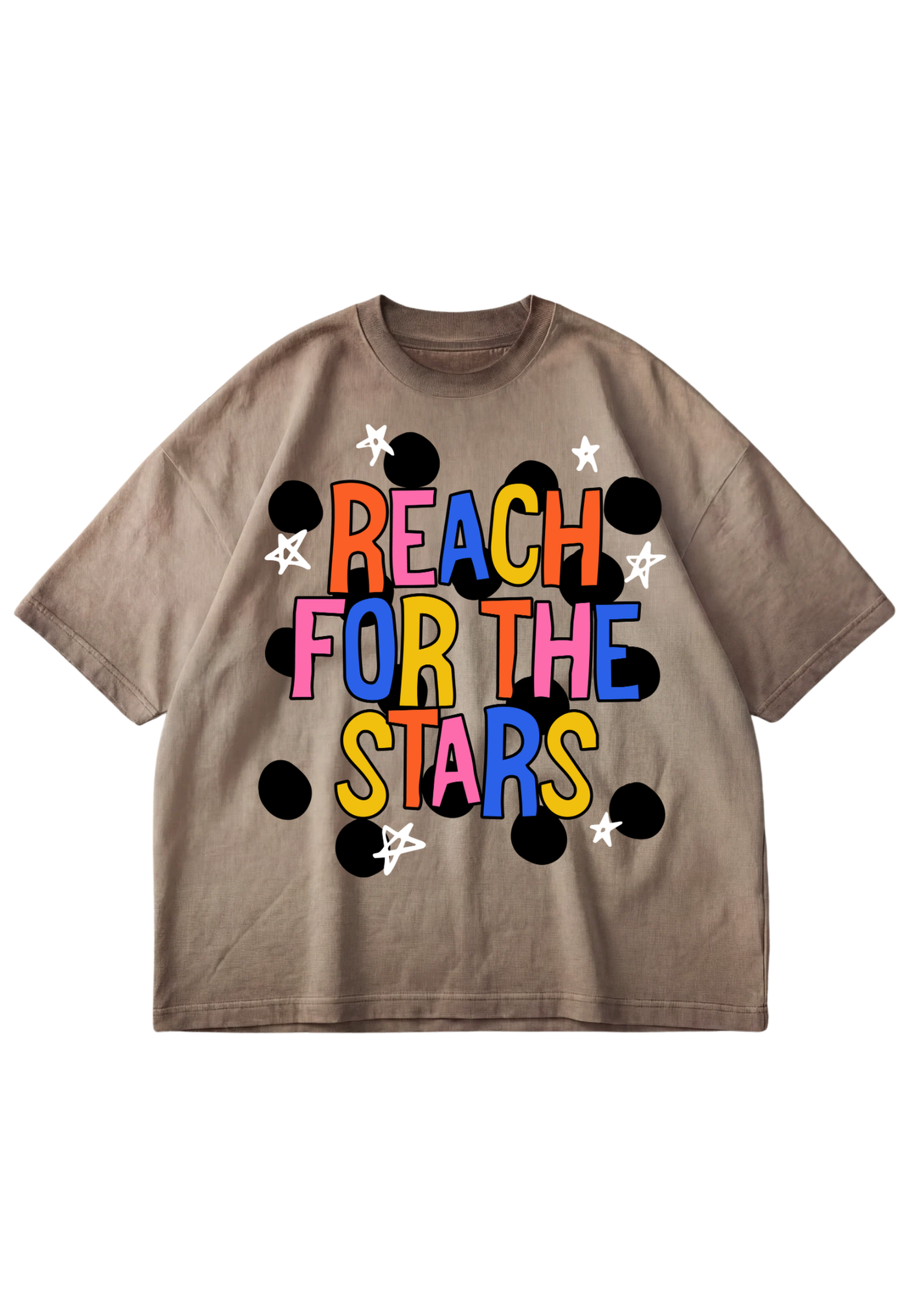 A taupe brown short-sleeve t-shirt with a colorful graphic on the front reading 'REACH FOR THE STARS' in multicolored letters, surrounded by black polka dots and white stars