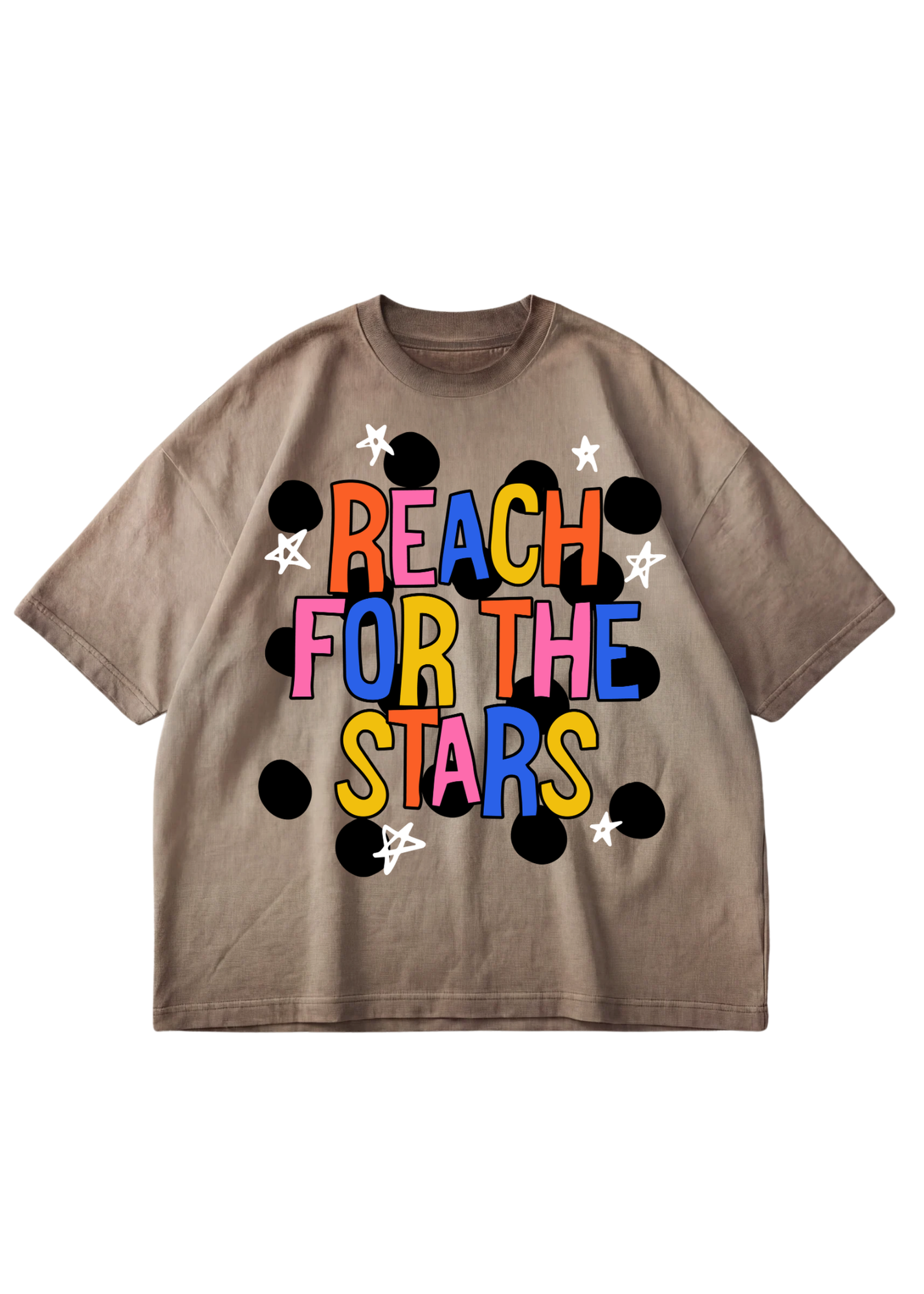 A taupe brown short-sleeve t-shirt with a colorful graphic on the front reading 'REACH FOR THE STARS' in multicolored letters, surrounded by black polka dots and white stars