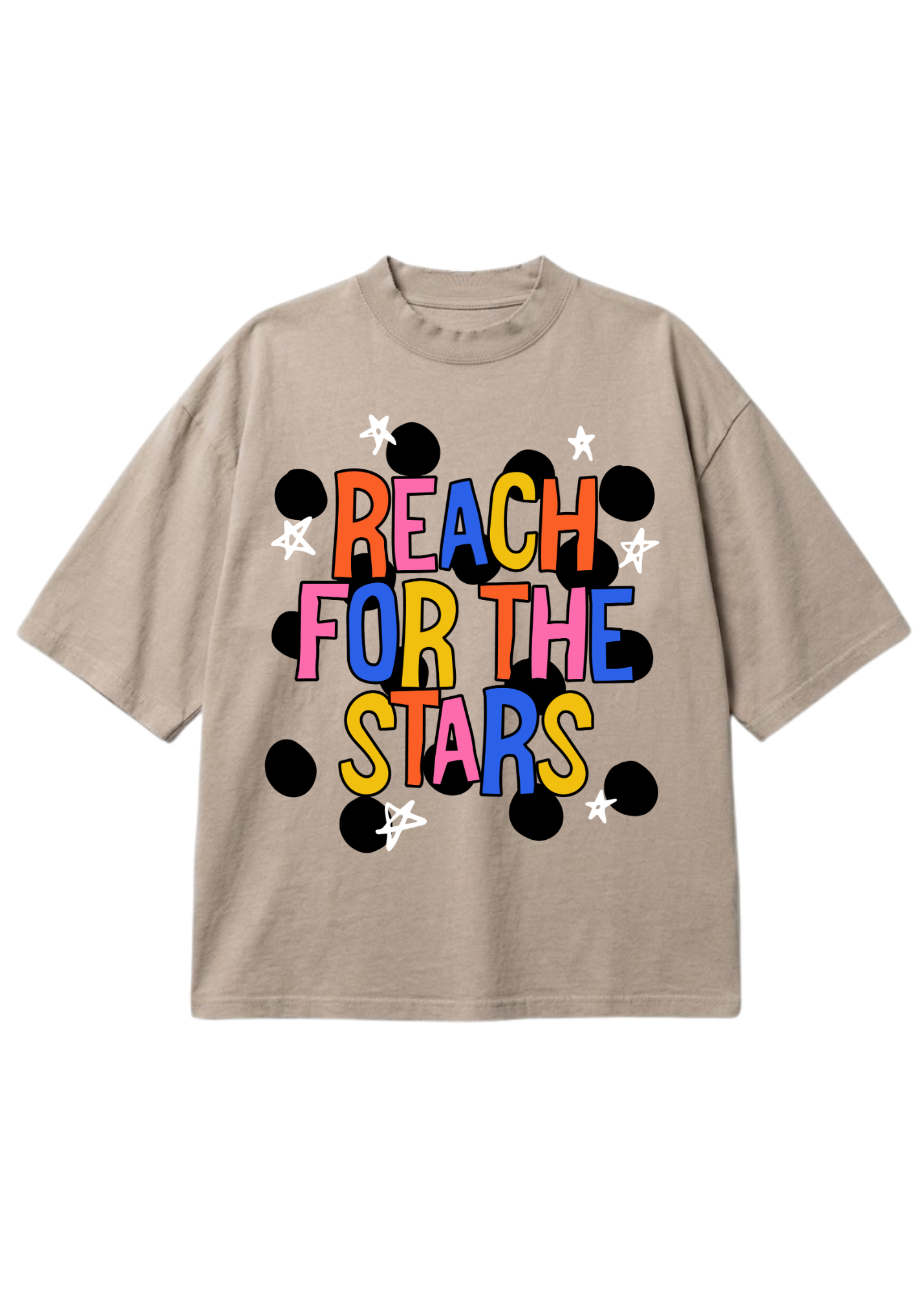 A beige short-sleeve t-shirt with a colorful graphic on the front that reads 'REACH FOR THE STARS' in multicolored letters, surrounded by black dots and white stars