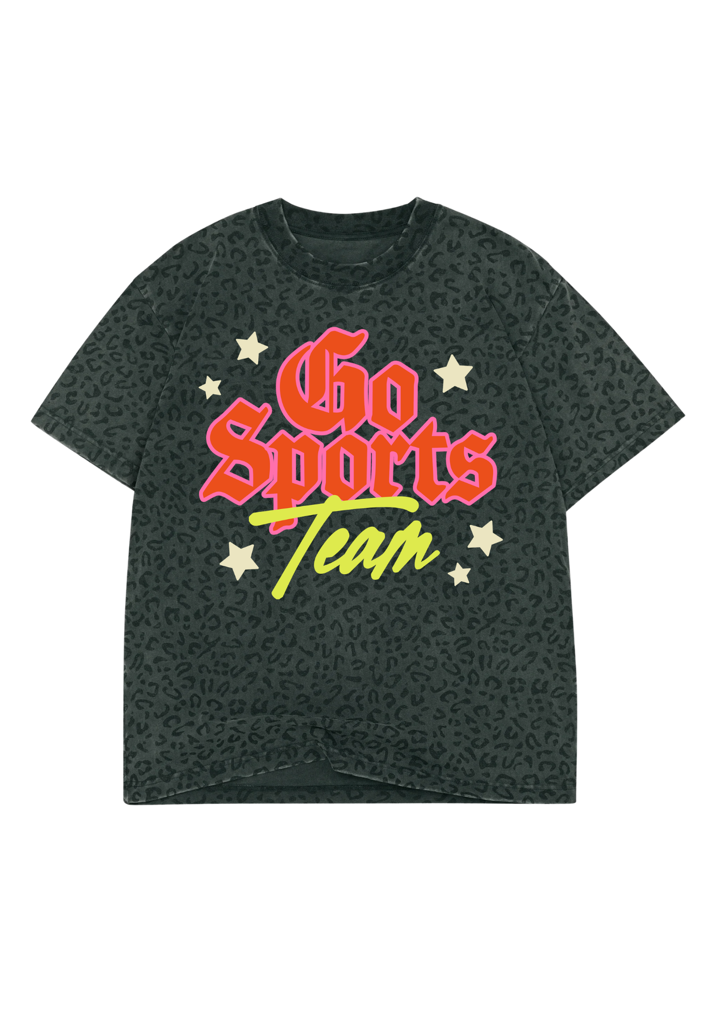 A dark grey short-sleeve t-shirt with a subtle leopard print pattern, featuring a colorful graphic on the front that reads 'Go Sports Team' in red, yellow, and orange lettering with small gold stars