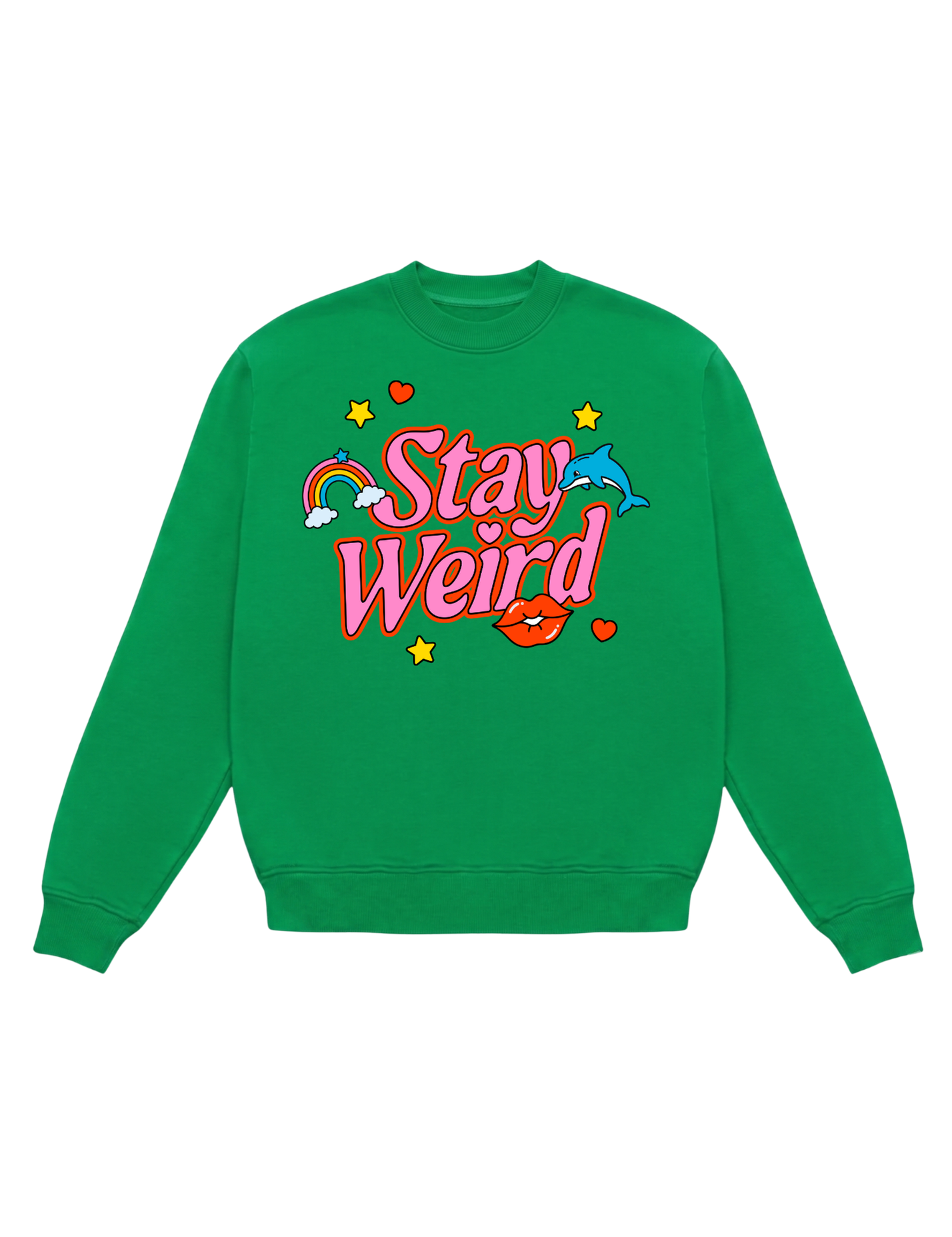 Green crewneck with 'Stay Weird' text on a white background, flat lay frontal view