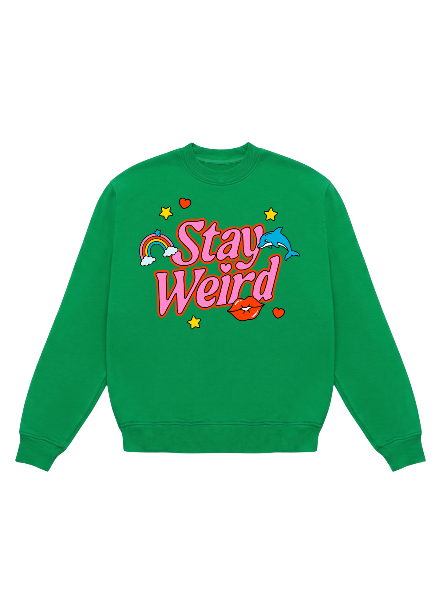 Green crewneck with 'Stay Weird' text on a white background, flat lay frontal view