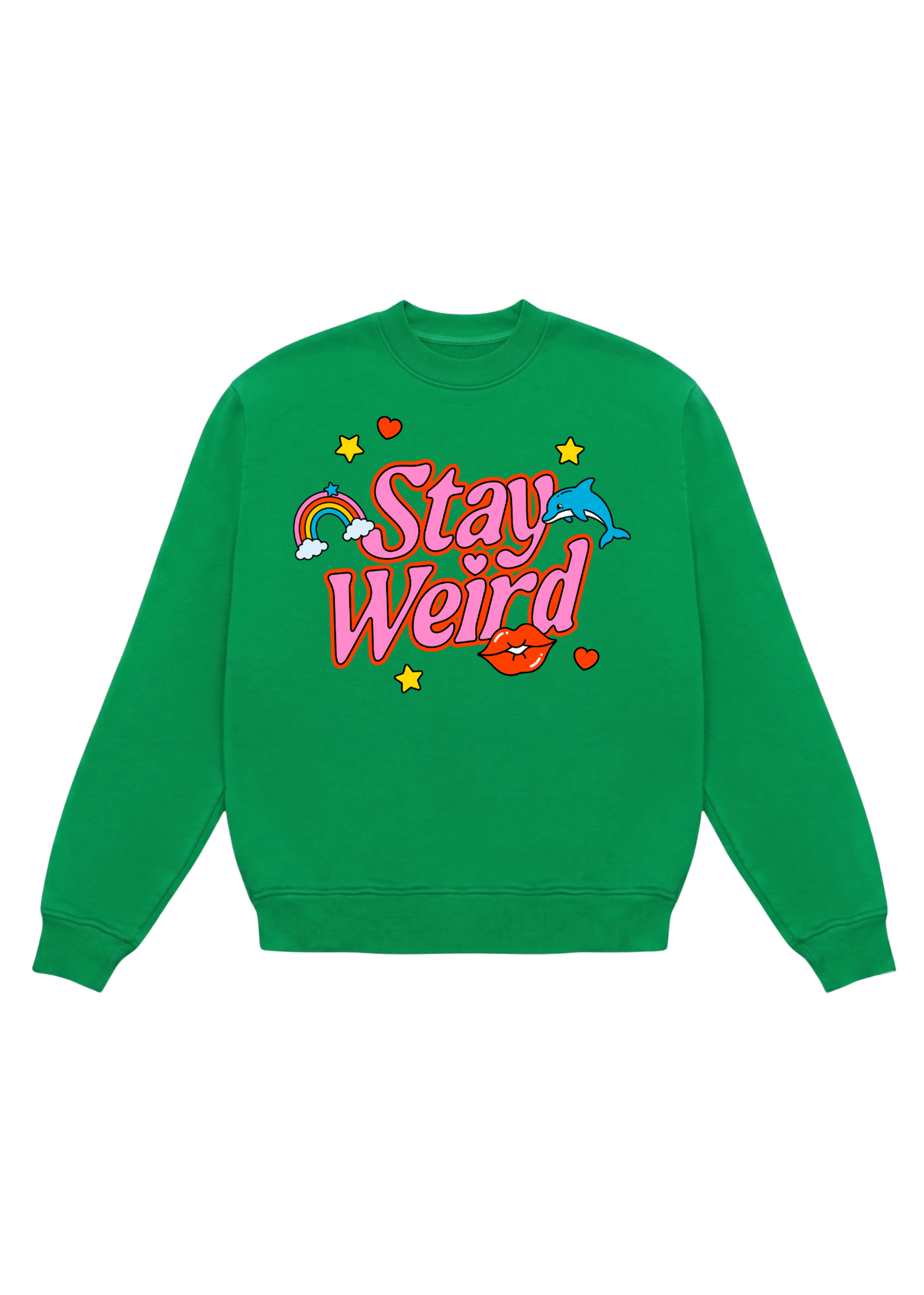Green crewneck with 'Stay Weird' text on a white background, flat lay frontal view