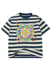 A short-sleeve crewneck t-shirt with navy blue and cream horizontal stripes, featuring a colorful graphic of a bowl of cereal with the text 'DON'T RUSH ME' and multicolored cereal pieces