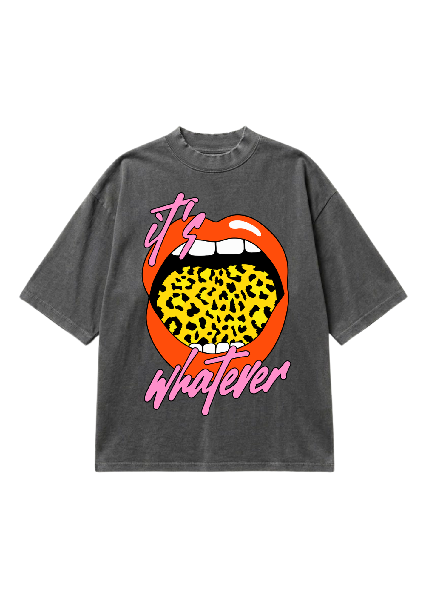 Gray tee with lips and yellow leopard tongue and pink text that reads 'it's whatever' on a white background