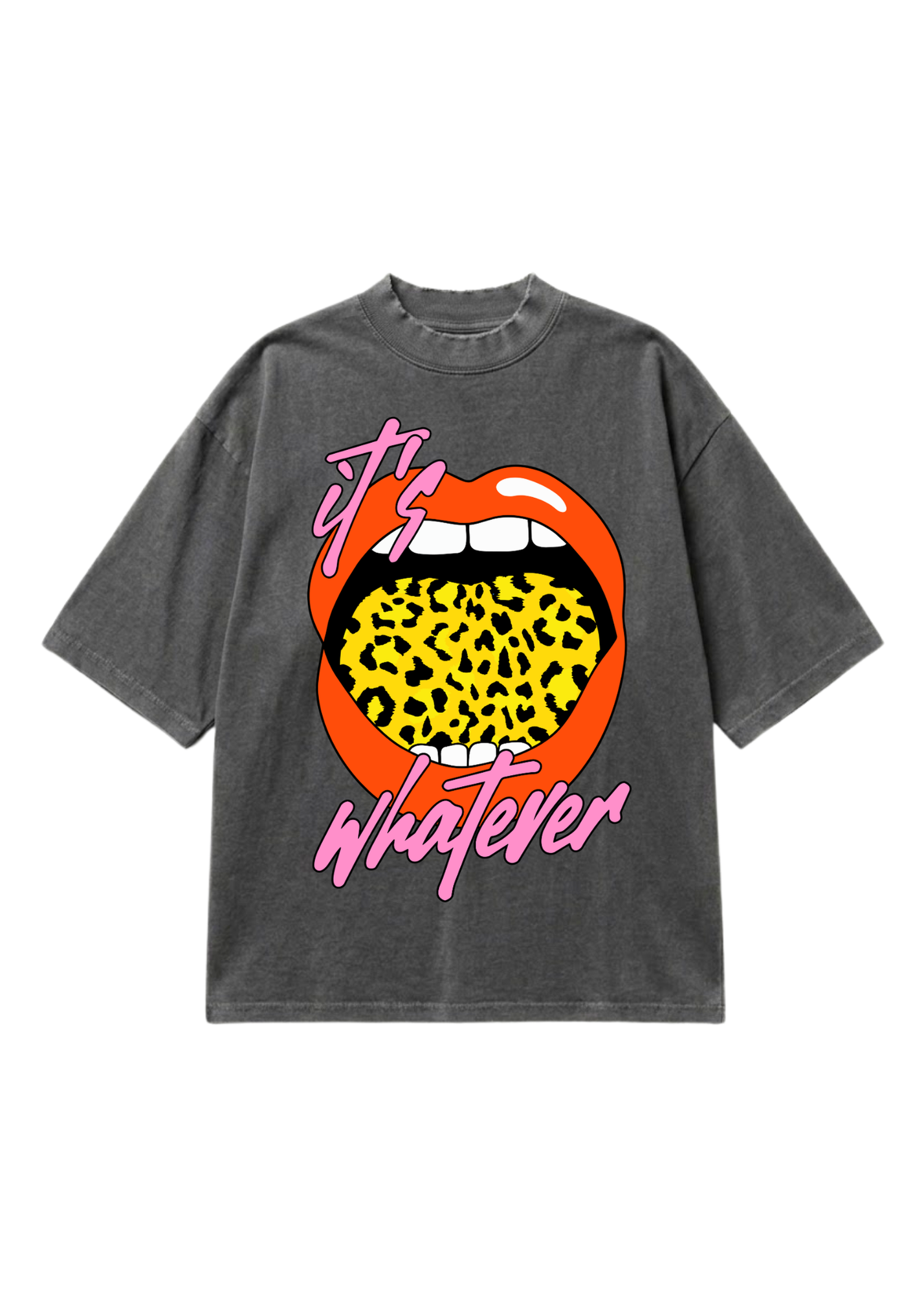 Gray tee with lips and yellow leopard tongue and pink text that reads 'it's whatever' on a white background