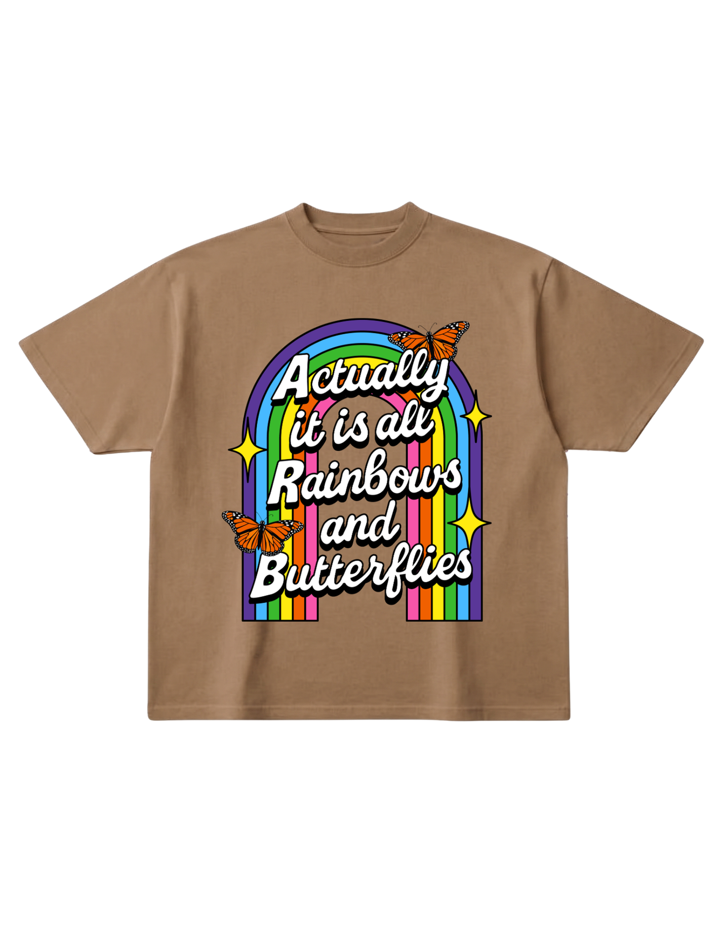 Brown t-shirt with rainbow and butterfly graphic and text on a white background, flat lay frontal view