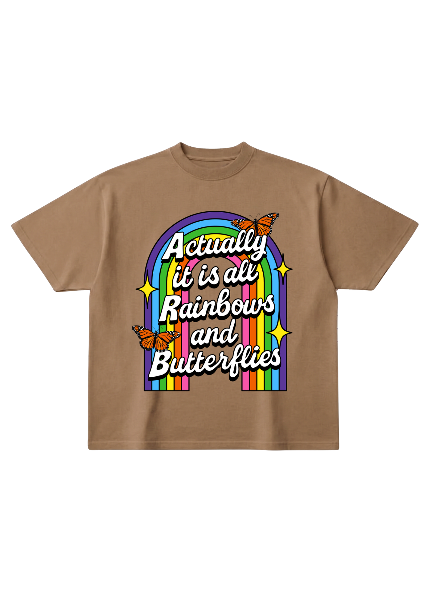 Brown t-shirt with rainbow and butterfly graphic and text on a white background, flat lay frontal view