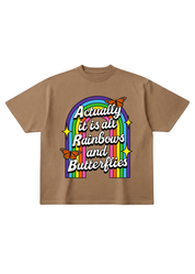 Brown t-shirt with rainbow and butterfly graphic and text on a white background, flat lay frontal view