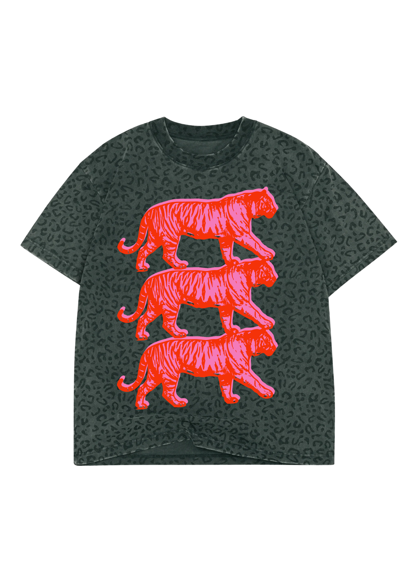 A dark grey short-sleeve t-shirt with an allover tonal leopard print, featuring a large graphic of three stacked, bright neon pink stylized tigers on the front