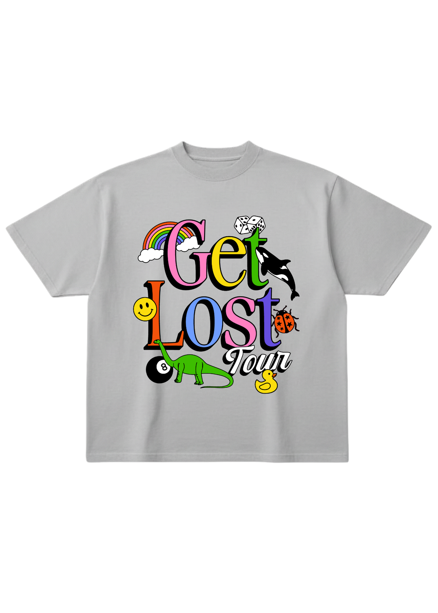 Gray t-shirt with colorful 'Get Lost Tour' graphic design on a white background, flat lay frontal view