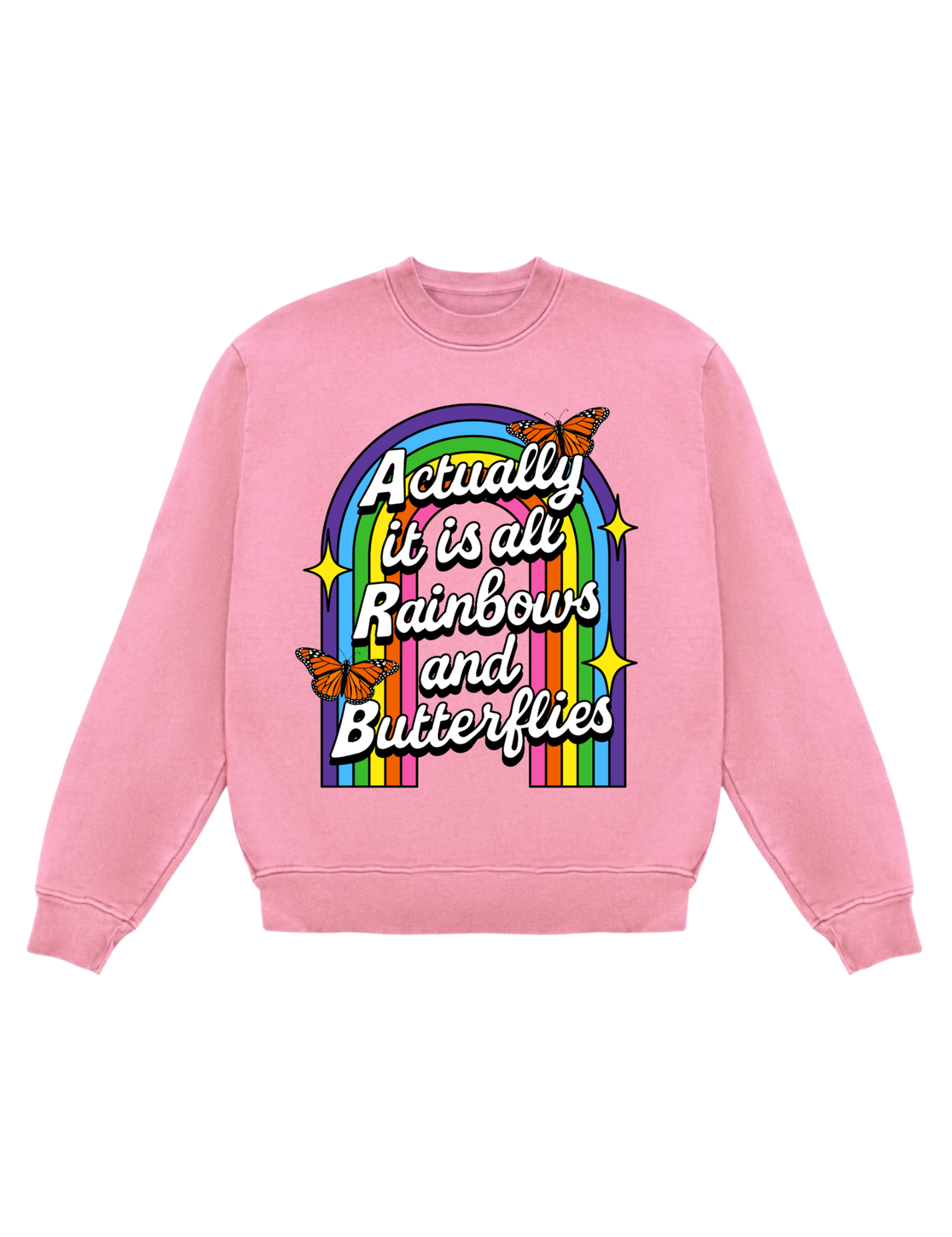 Pink sweatshirt with rainbow and butterfly design on a white background, flay lay frontal view