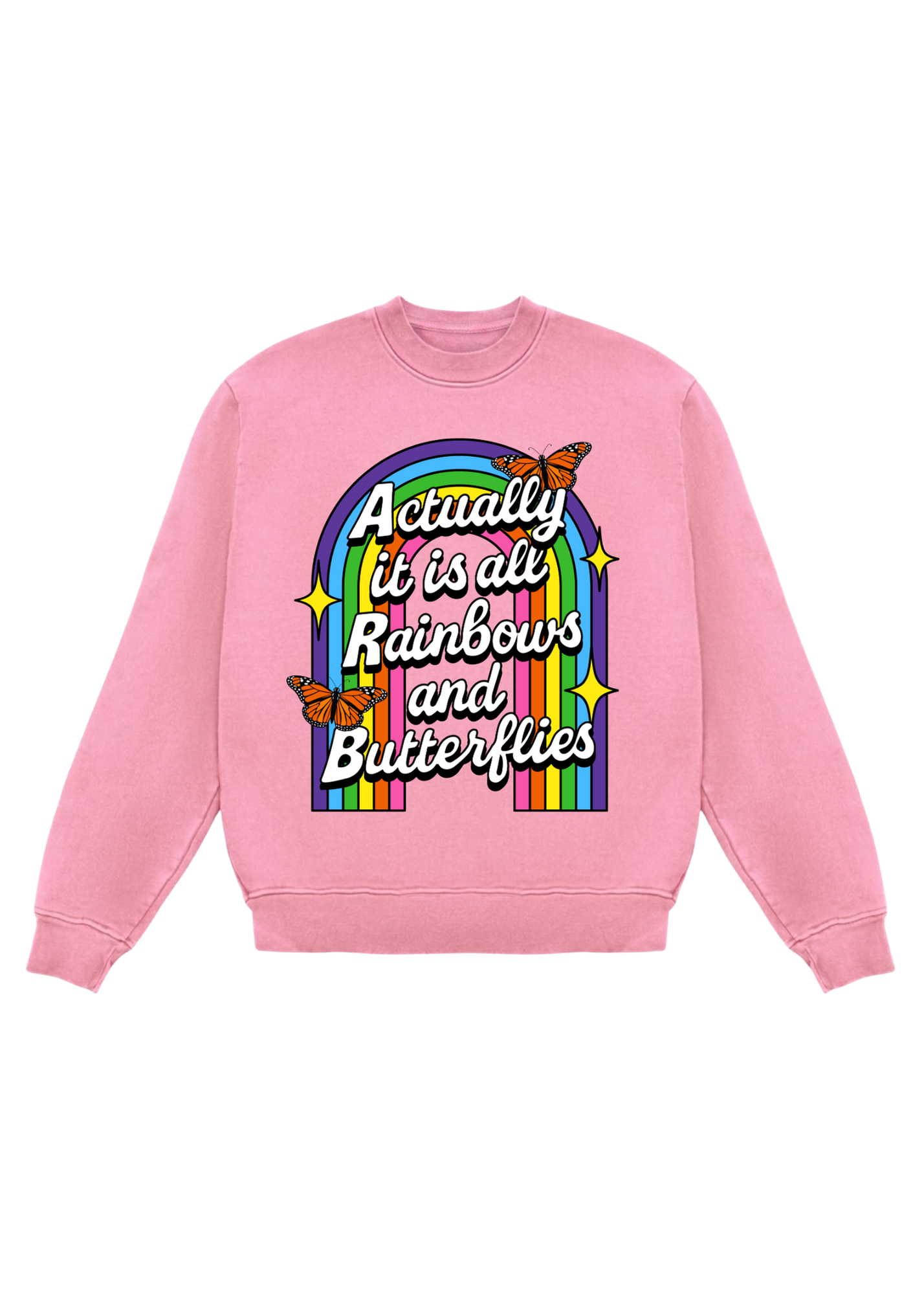 Pink sweatshirt with rainbow and butterfly design on a white background, flay lay frontal view