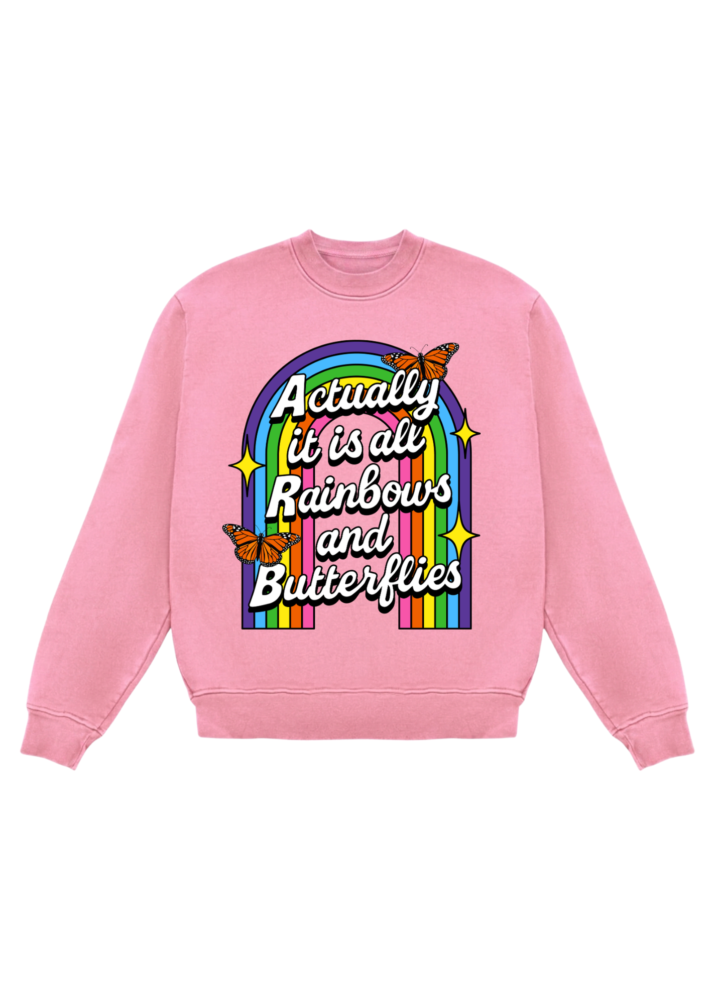 Pink sweatshirt with rainbow and butterfly design on a white background, flay lay frontal view